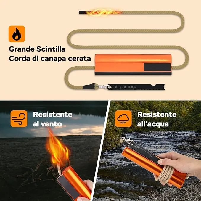 Flint and Steel Fire Starter Kit 7-in-1 XXL XL Ferro Rod Fire Steel Bushcraft Equipment, Portable Survival Magnesium Kit with 36" Waterproof Wick Rope,Multi Tool Scraper, Compass for Camping Hiking