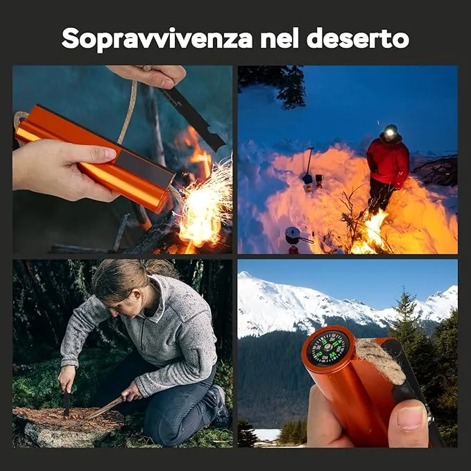 Flint and Steel Fire Starter Kit 7-in-1 XXL XL Ferro Rod Fire Steel Bushcraft Equipment, Portable Survival Magnesium Kit with 36" Waterproof Wick Rope,Multi Tool Scraper, Compass for Camping Hiking