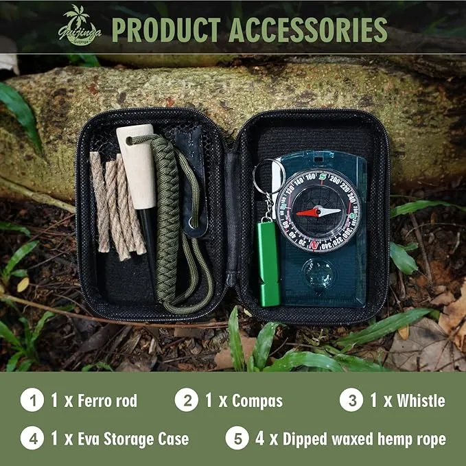 Flint Fire Starter, Outdoor Fire Starter Survival Tool, Flint and Steel Fire Starter Kit, with Compass, Whistle, Tinder Rope, Suitable for Camping, Emergencies