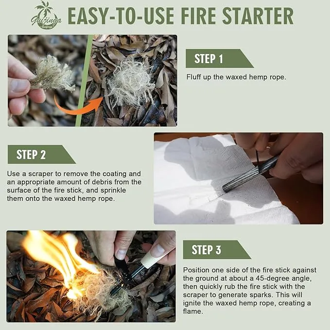 Flint Fire Starter, Outdoor Fire Starter Survival Tool, Flint and Steel Fire Starter Kit, with Compass, Whistle, Tinder Rope, Suitable for Camping, Emergencies