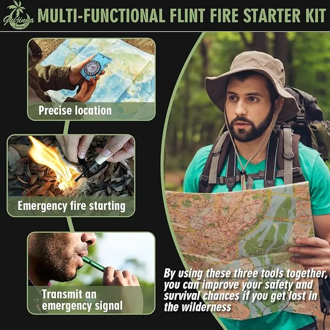 Flint Fire Starter, Outdoor Fire Starter Survival Tool, Flint and Steel Fire Starter Kit, with Compass, Whistle, Tinder Rope, Suitable for Camping, Emergencies