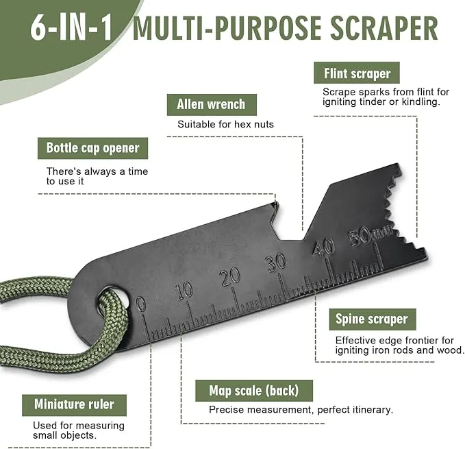 Flint Fire Starter, Outdoor Fire Starter Survival Tool, Flint and Steel Fire Starter Kit, with Compass, Whistle, Tinder Rope, Suitable for Camping, Emergencies