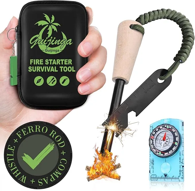 Flint Fire Starter, Outdoor Fire Starter Survival Tool, Flint and Steel Fire Starter Kit, with Compass, Whistle, Tinder Rope, Suitable for Camping, Emergencies