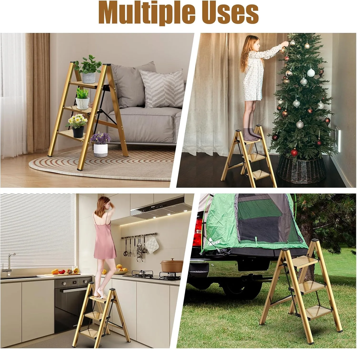 Foldable 3 Step Stool for Closet/Kitchen-Aluminium Gold Step Ladder Stools, Folding 330lbs Lightweight Ladders with Anti-Slip Wide Pedal, Portable Kids/Adults