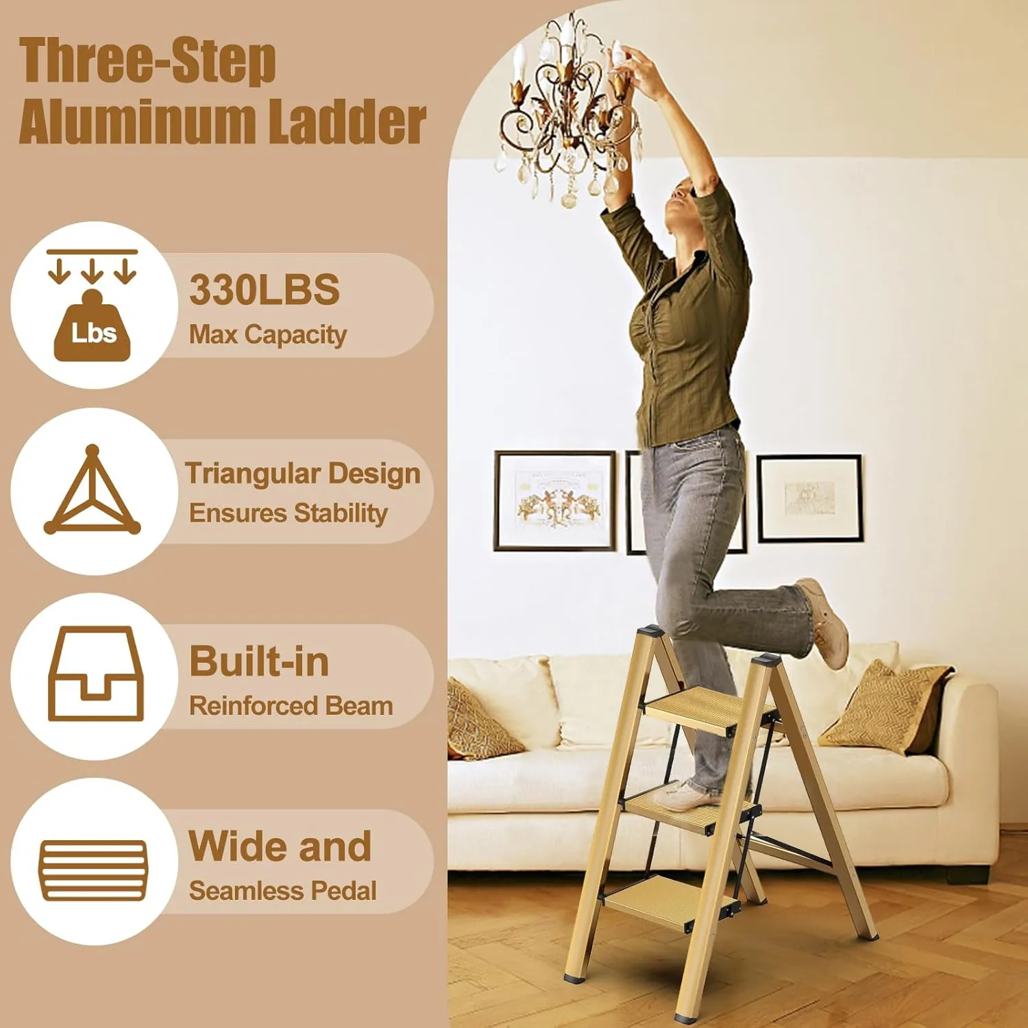 Foldable 3 Step Stool for Closet/Kitchen-Aluminium Gold Step Ladder Stools, Folding 330lbs Lightweight Ladders with Anti-Slip Wide Pedal, Portable Kids/Adults