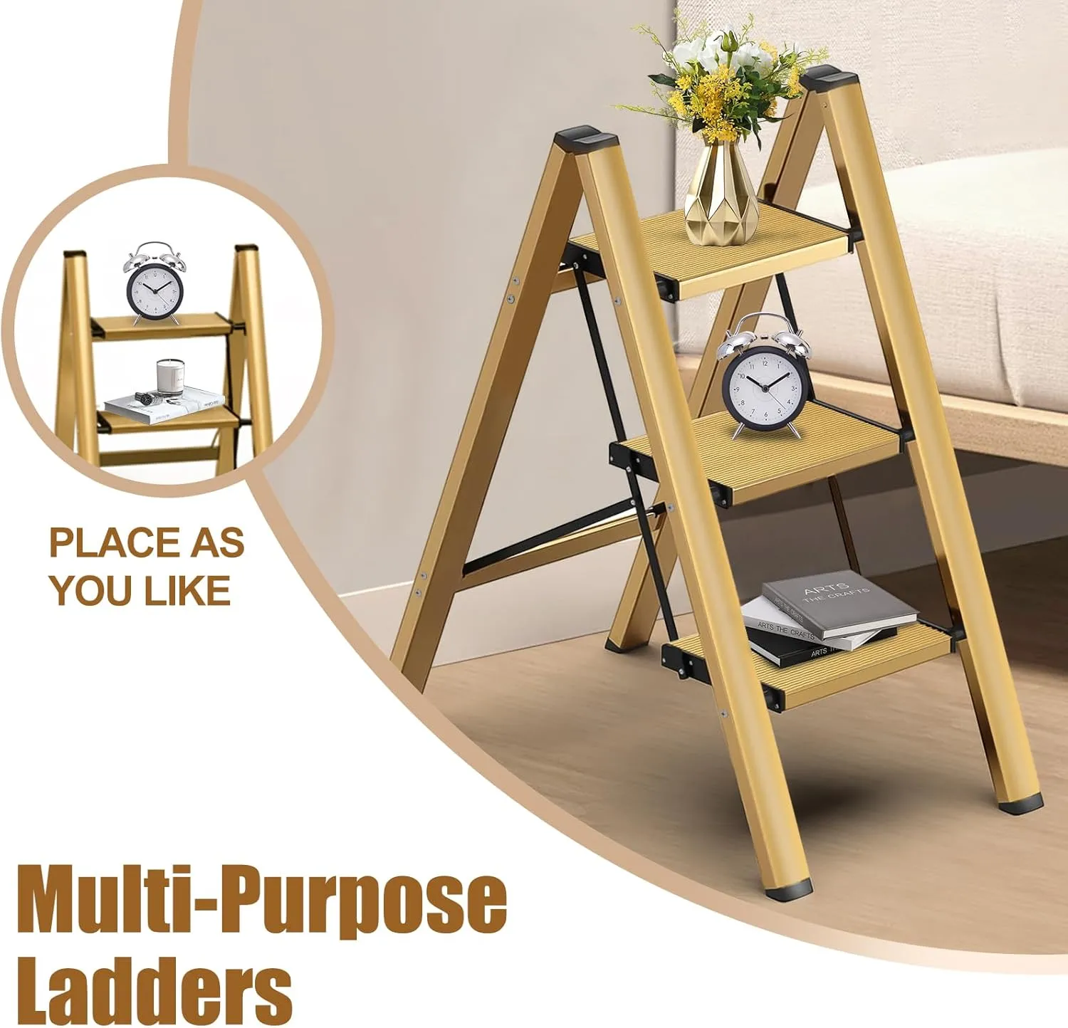 Foldable 3 Step Stool for Closet/Kitchen-Aluminium Gold Step Ladder Stools, Folding 330lbs Lightweight Ladders with Anti-Slip Wide Pedal, Portable Kids/Adults
