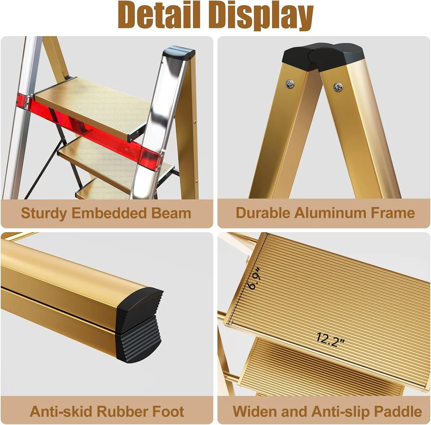 Foldable 3 Step Stool for Closet/Kitchen-Aluminium Gold Step Ladder Stools, Folding 330lbs Lightweight Ladders with Anti-Slip Wide Pedal, Portable Kids/Adults