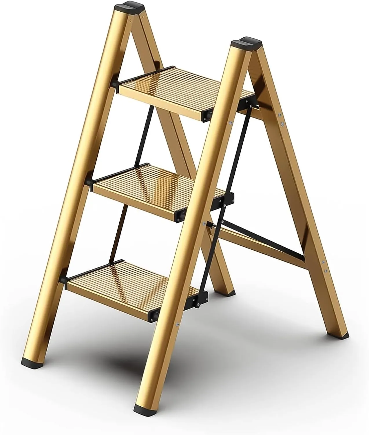Foldable 3 Step Stool for Closet/Kitchen-Aluminium Gold Step Ladder Stools, Folding 330lbs Lightweight Ladders with Anti-Slip Wide Pedal, Portable Kids/Adults