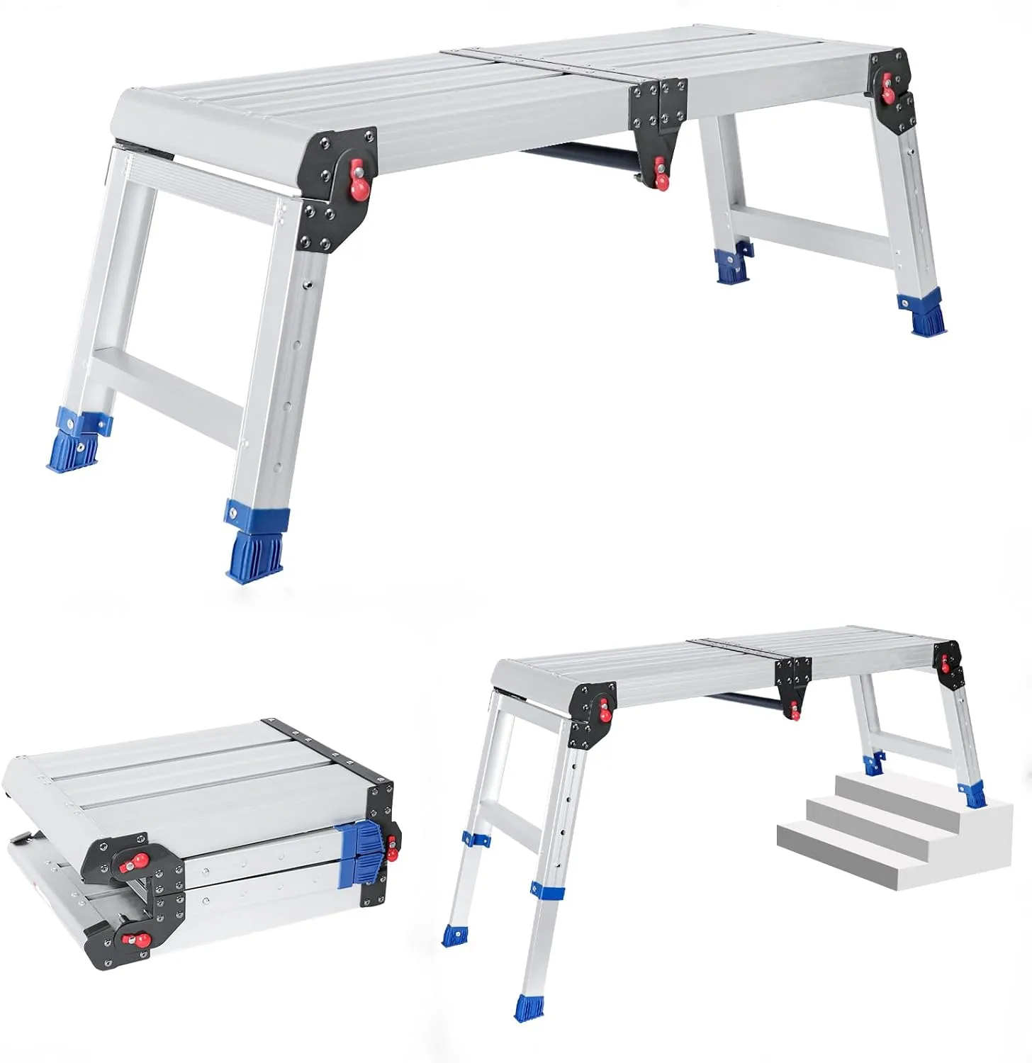 Foldable Aluminum Work Platform, 12.7 lb, Easy-Installation, Capacity of 330 lbs, Non-Slip, Step Stool for Adults with Adjustable Height, Heavy Duty & Portable Step Ladder