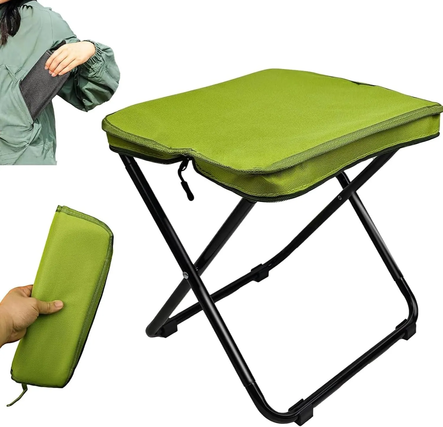 Foldable Backpack Stool, Outdoor Foldable Camping Stool Hiking Fishing Chair, Carbon Steel Backpacking Stools with Zippered Carry Bag for Hiking, Fishing, Camping, and Travel (Green)