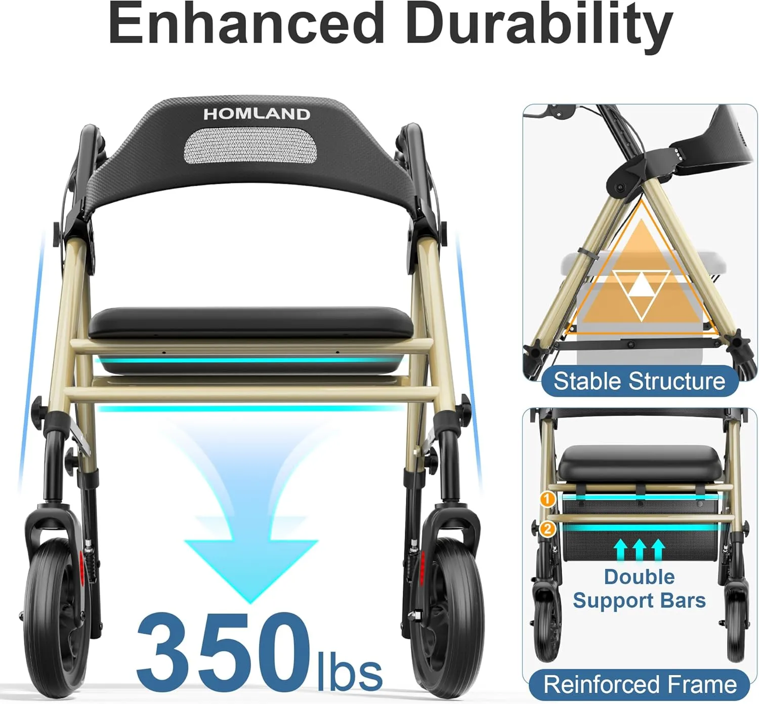 Foldable Rollator Walkers with Seat for Seniors, 8'' Big Wheels, 350 lb. Weight Capacity, Adjustable Handles and Seat Height, Lightweight Rolling Walker, Gold