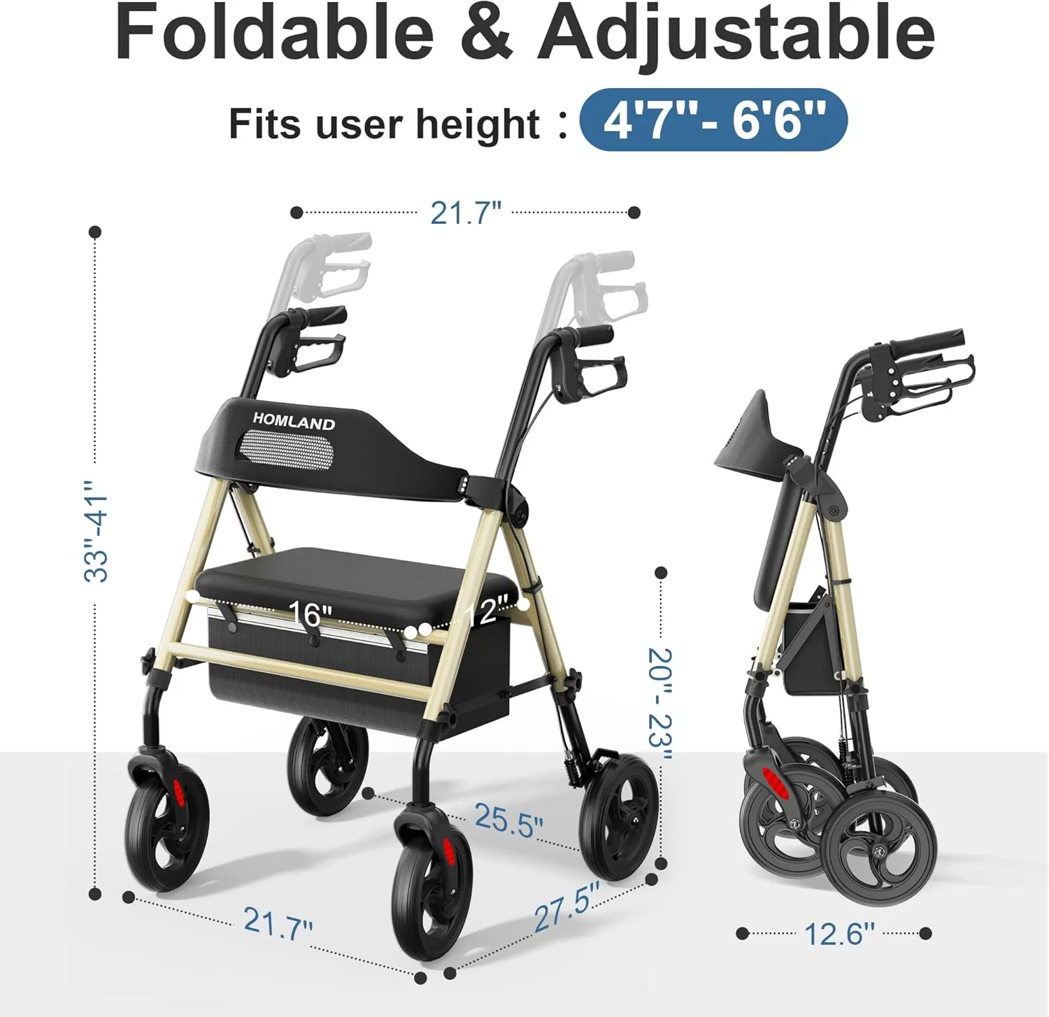 Foldable Rollator Walkers with Seat for Seniors, 8'' Big Wheels, 350 lb. Weight Capacity, Adjustable Handles and Seat Height, Lightweight Rolling Walker, Gold
