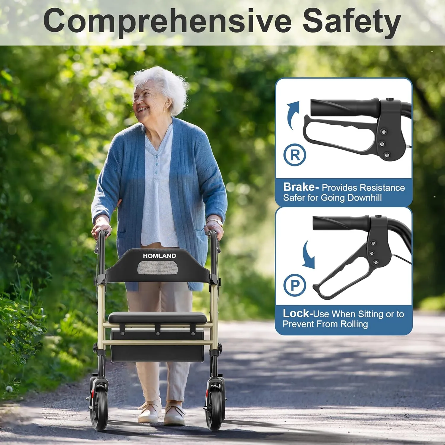 Foldable Rollator Walkers with Seat for Seniors, 8'' Big Wheels, 350 lb. Weight Capacity, Adjustable Handles and Seat Height, Lightweight Rolling Walker, Gold