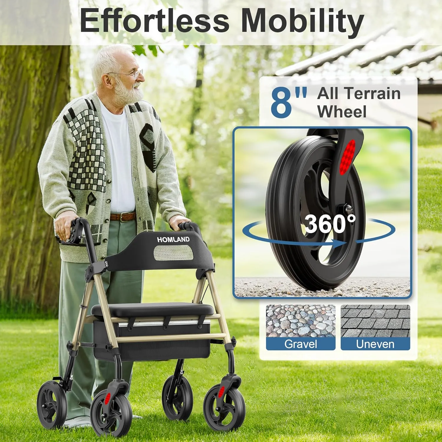 Foldable Rollator Walkers with Seat for Seniors, 8'' Big Wheels, 350 lb. Weight Capacity, Adjustable Handles and Seat Height, Lightweight Rolling Walker, Gold