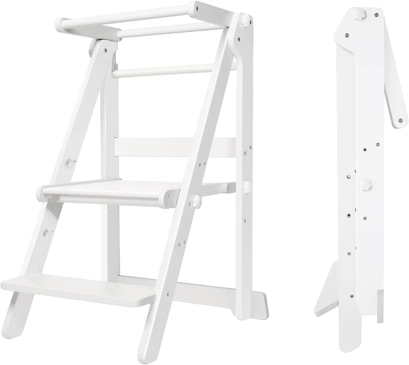 Foldable Toddler Learning Standing Tower, WOOD CITY Montessori Kitchen Step Stool Helper with 3 Adjustable Heights Learning Kitchen Tower for Counter and Bathroom Sink (White)