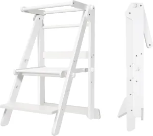 Foldable Toddler Learning Standing Tower, WOOD CITY Montessori Kitchen Step Stool Helper with 3 Adjustable Heights Learning Kitchen Tower for Counter and Bathroom Sink (White)