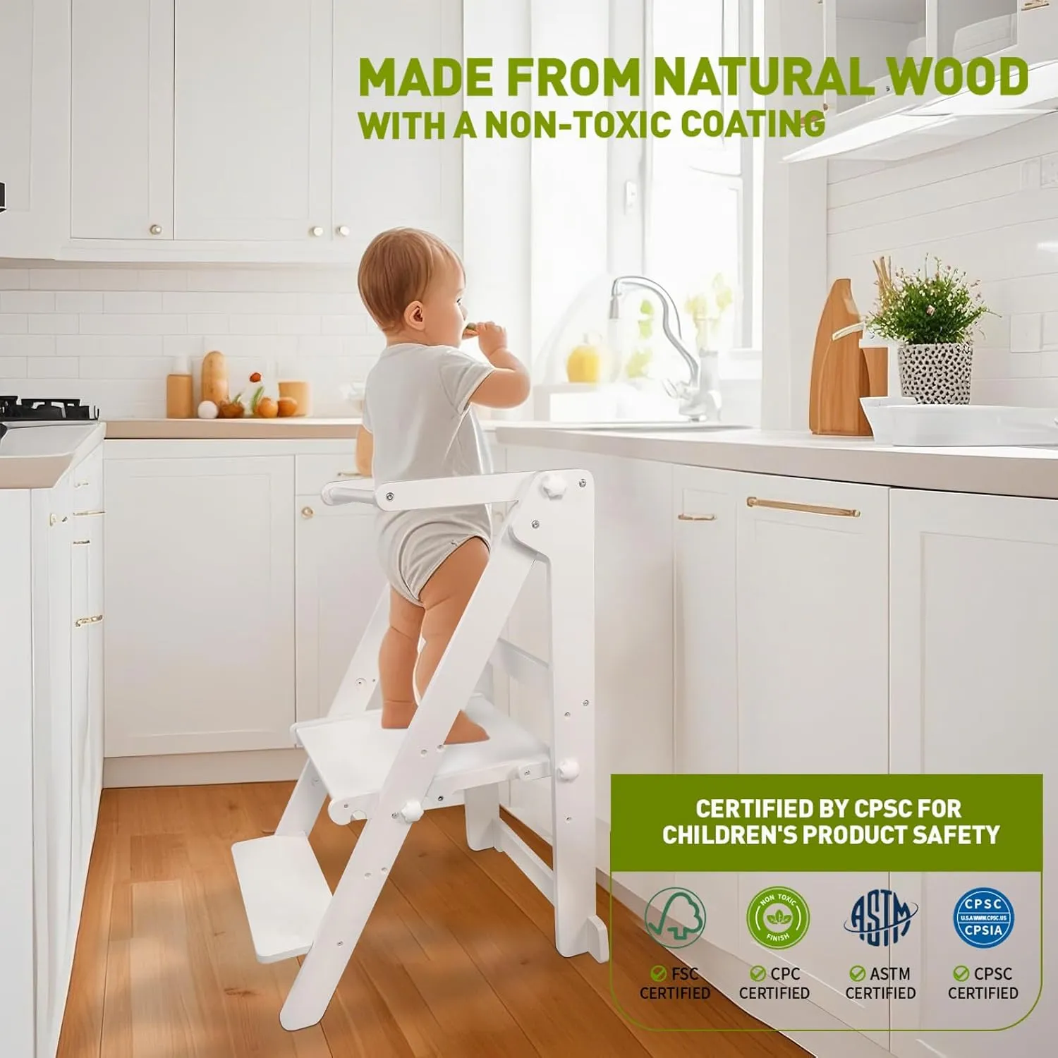 Foldable Toddler Learning Standing Tower, WOOD CITY Montessori Kitchen Step Stool Helper with 3 Adjustable Heights Learning Kitchen Tower for Counter and Bathroom Sink (White)