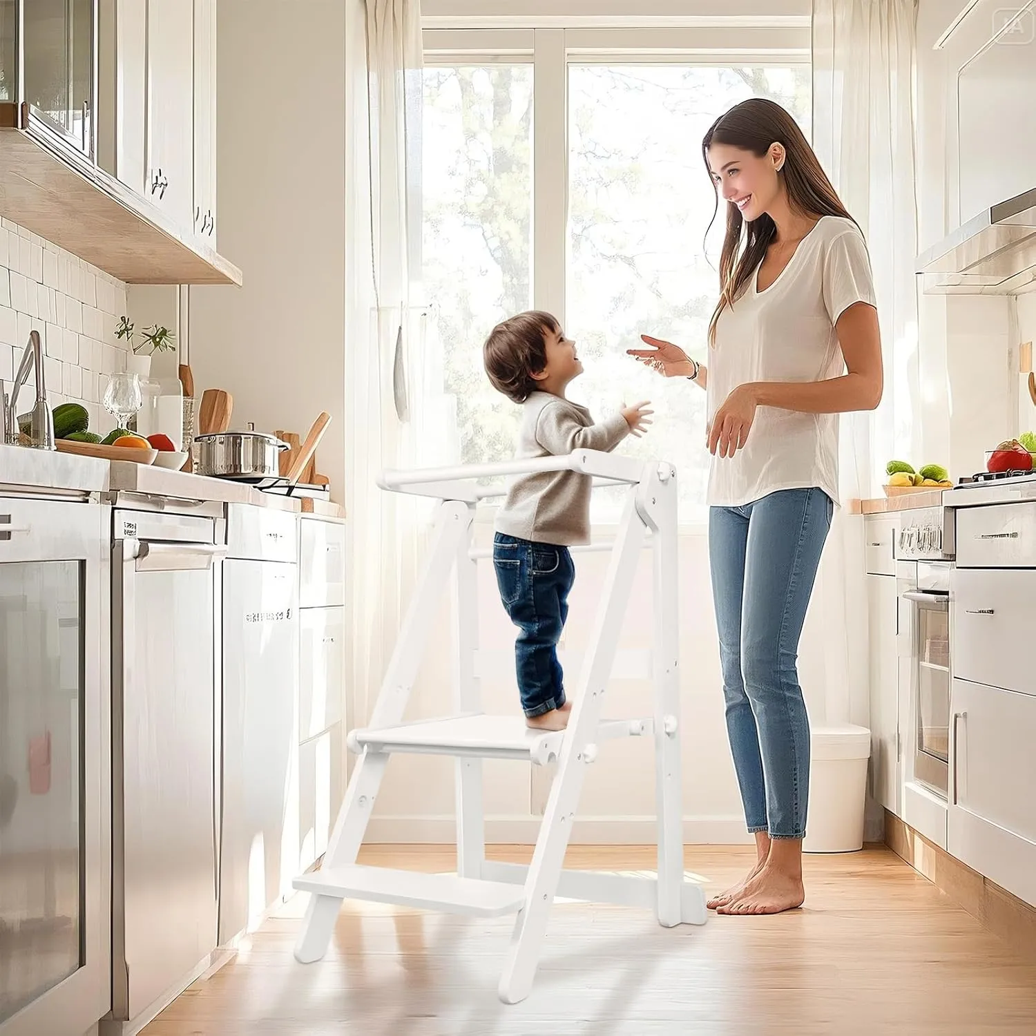 Foldable Toddler Learning Standing Tower, WOOD CITY Montessori Kitchen Step Stool Helper with 3 Adjustable Heights Learning Kitchen Tower for Counter and Bathroom Sink (White)