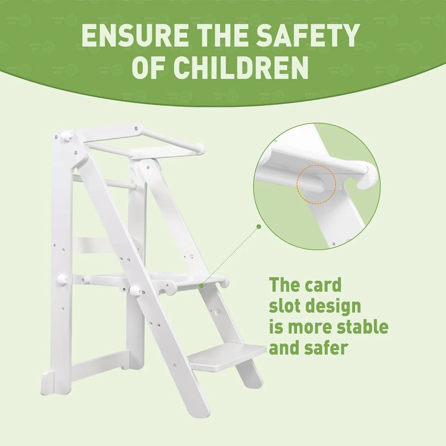 Foldable Toddler Learning Standing Tower, WOOD CITY Montessori Kitchen Step Stool Helper with 3 Adjustable Heights Learning Kitchen Tower for Counter and Bathroom Sink (White)