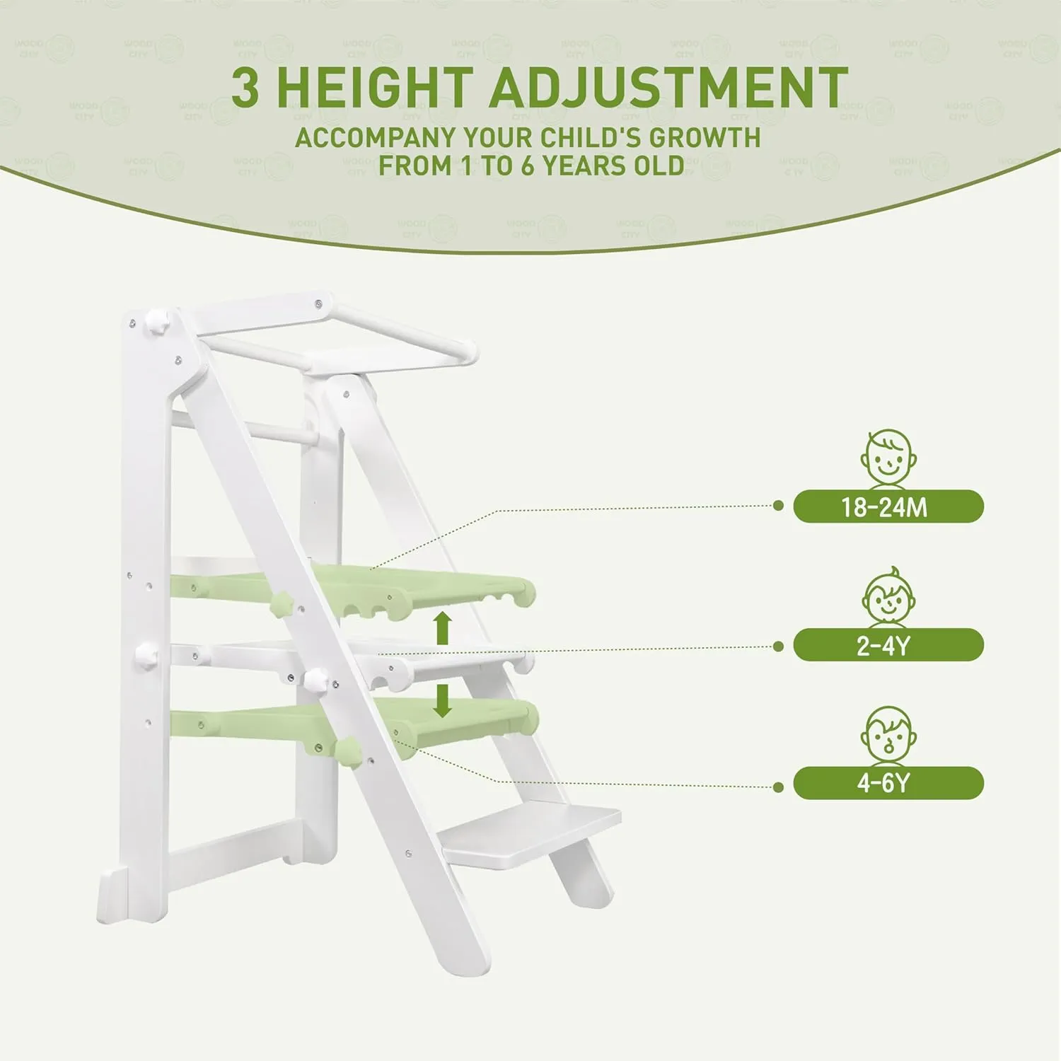 Foldable Toddler Learning Standing Tower, WOOD CITY Montessori Kitchen Step Stool Helper with 3 Adjustable Heights Learning Kitchen Tower for Counter and Bathroom Sink (White)