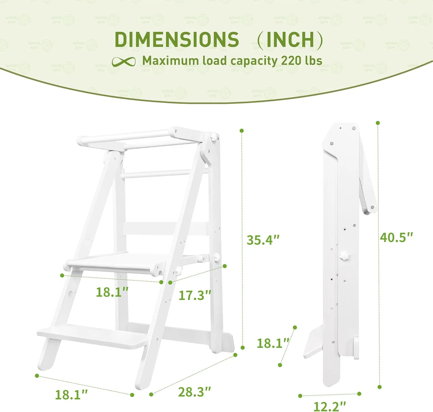 Foldable Toddler Learning Standing Tower, WOOD CITY Montessori Kitchen Step Stool Helper with 3 Adjustable Heights Learning Kitchen Tower for Counter and Bathroom Sink (White)