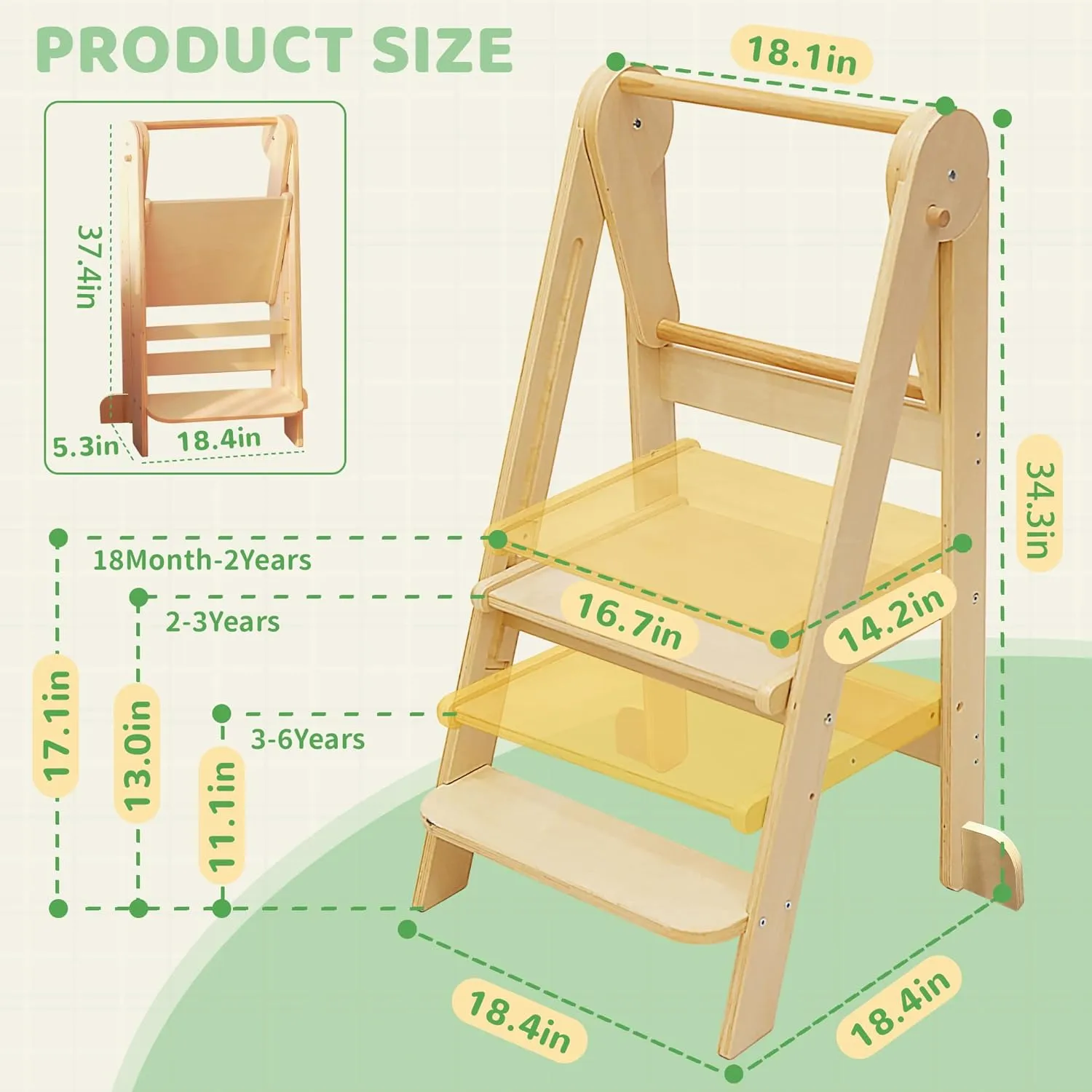Foldable Toddler Stool Helper 95% Preassembled - Kitchen Counter Sink Folding Step Stool for Kids Montessori Toddler Standing Tower with 3 Adjustable Height Natural