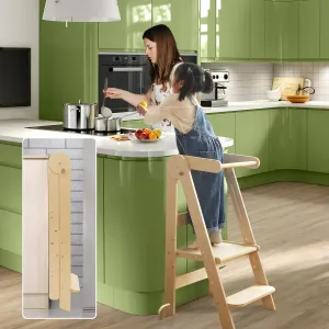 Foldable Toddler Stool Helper 95% Preassembled - Kitchen Counter Sink Folding Step Stool for Kids Montessori Toddler Standing Tower with 3 Adjustable Height Natural