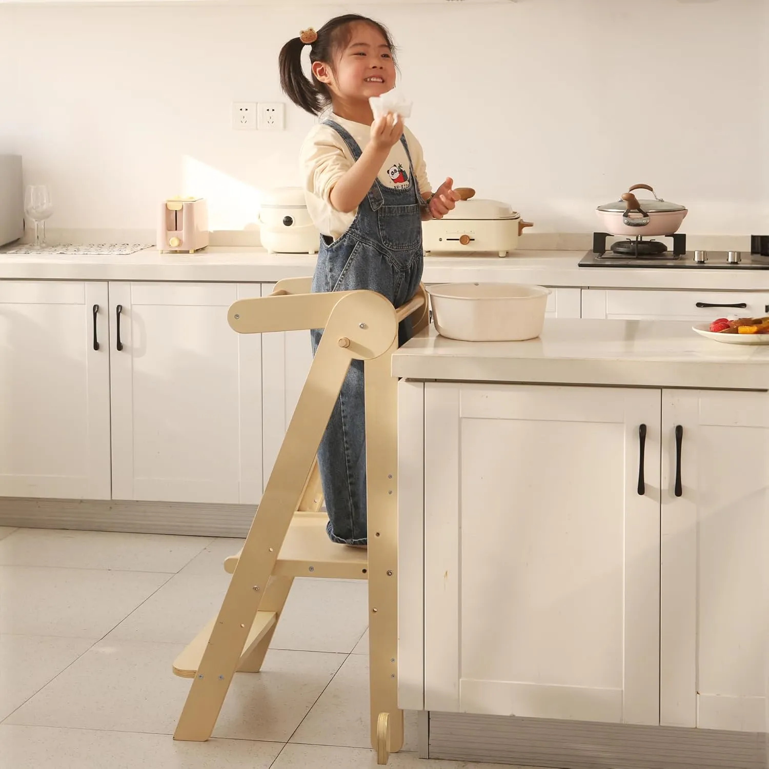 Foldable Toddler Stool Helper 95% Preassembled - Kitchen Counter Sink Folding Step Stool for Kids Montessori Toddler Standing Tower with 3 Adjustable Height Natural