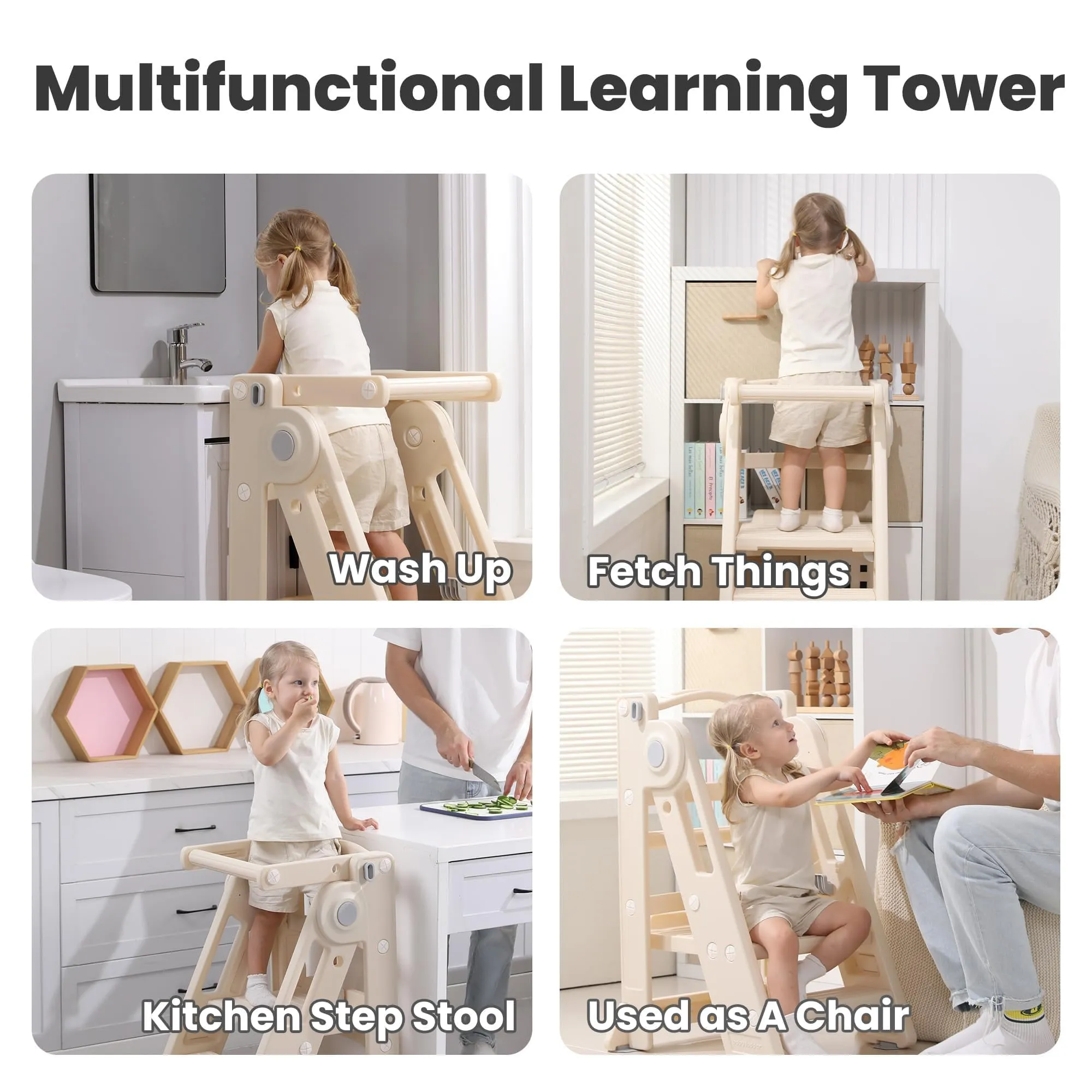 Foldable Toddler Tower Kitchen Step Stool for Sink Kids Adjustable Height Learning Tower for Children Montessori Learning Helper with Handles for Bathroom