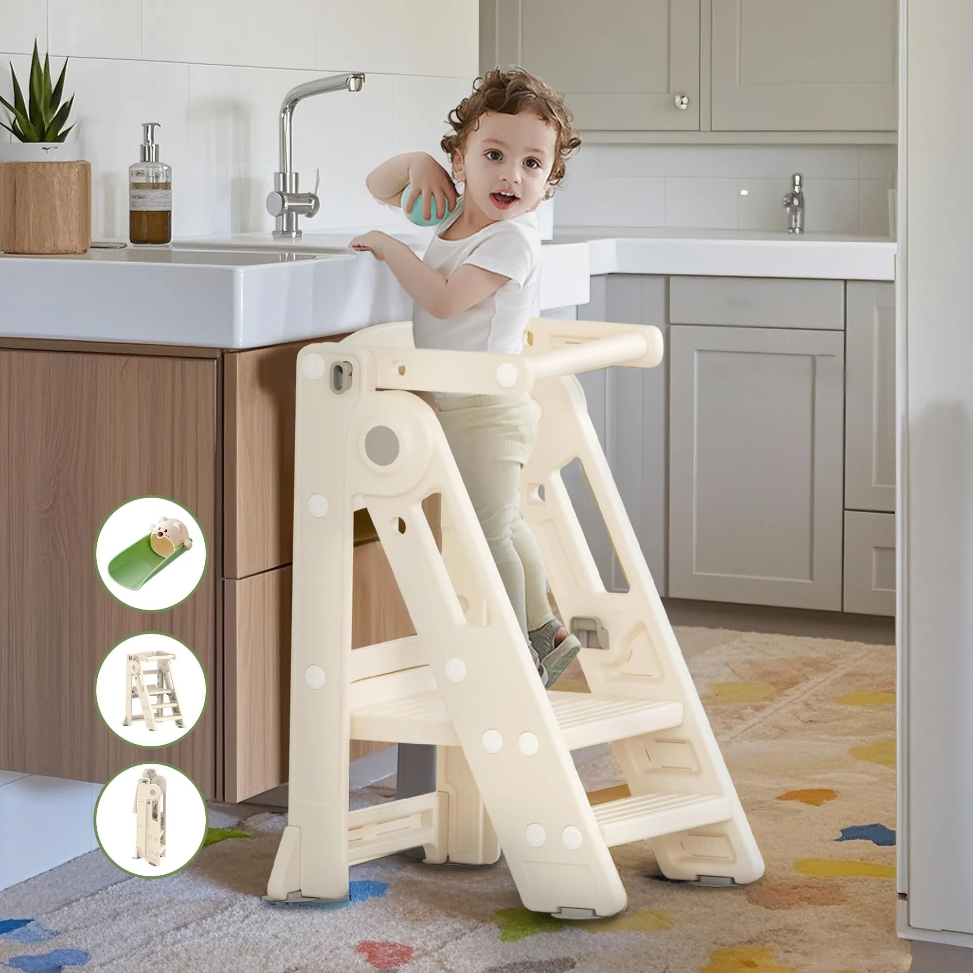 Foldable Toddler Tower Kitchen Step Stool for Sink Kids Adjustable Height Learning Tower for Children Montessori Learning Helper with Handles for Bathroom