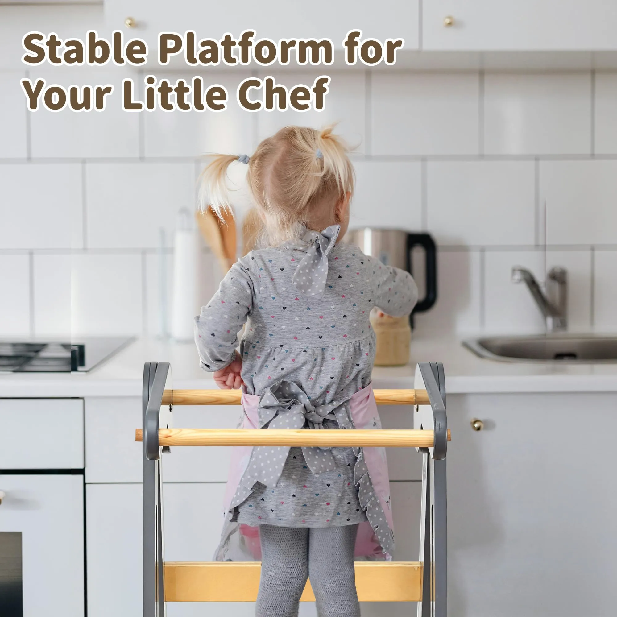 Foldable Toddler Tower Preassembled Kitchen Step Stool, Folding Tower for Learning with 3 Adjustable Heights Montessori Toddler Standing Tower Collapsible Step Stool for Kids 1-6y GY NAT