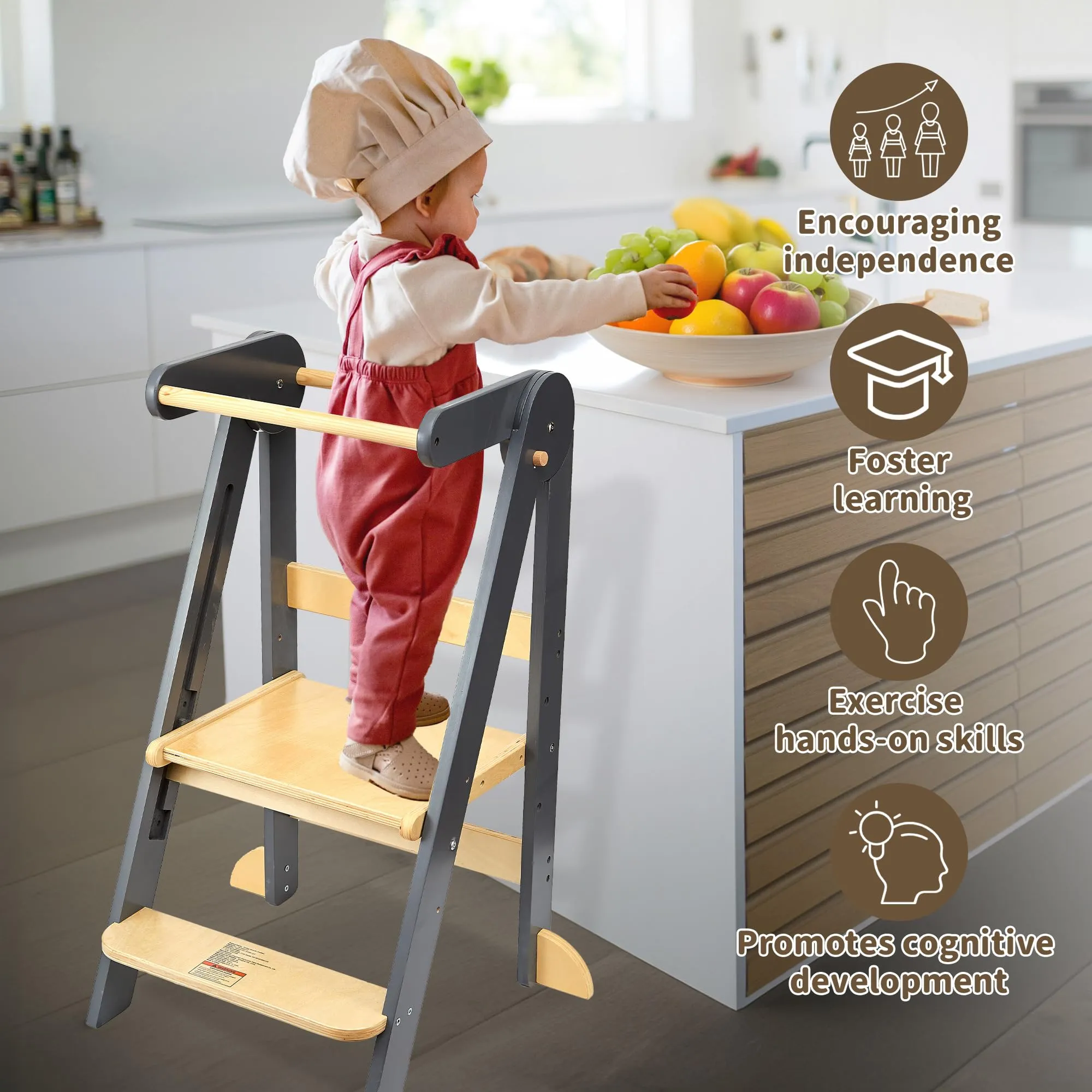 Foldable Toddler Tower Preassembled Kitchen Step Stool, Folding Tower for Learning with 3 Adjustable Heights Montessori Toddler Standing Tower Collapsible Step Stool for Kids 1-6y GY NAT
