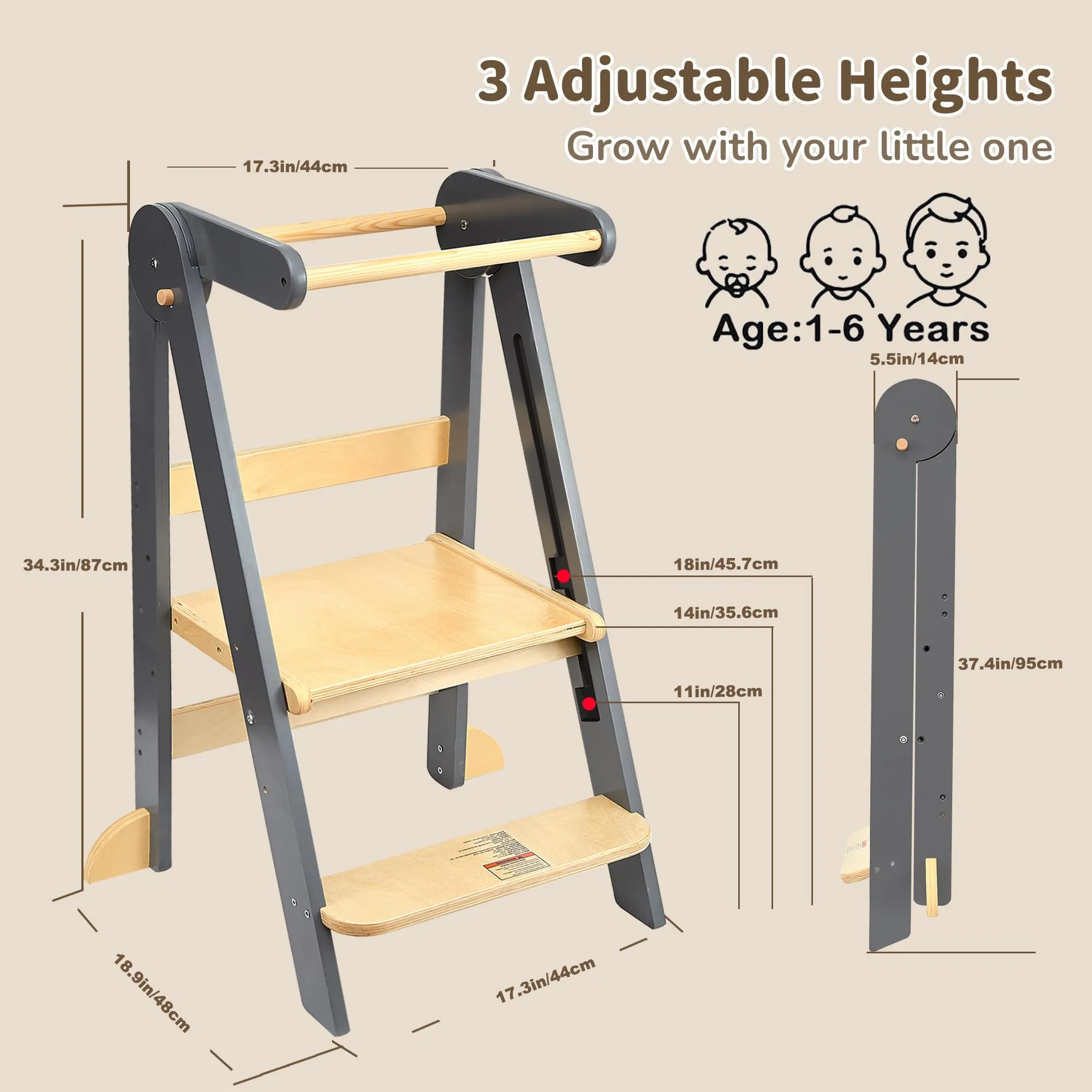 Foldable Toddler Tower Preassembled Kitchen Step Stool, Folding Tower for Learning with 3 Adjustable Heights Montessori Toddler Standing Tower Collapsible Step Stool for Kids 1-6y GY NAT