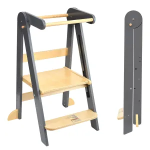 Foldable Toddler Tower Preassembled Kitchen Step Stool, Folding Tower for Learning with 3 Adjustable Heights Montessori Toddler Standing Tower Collapsible Step Stool for Kids 1-6y GY NAT