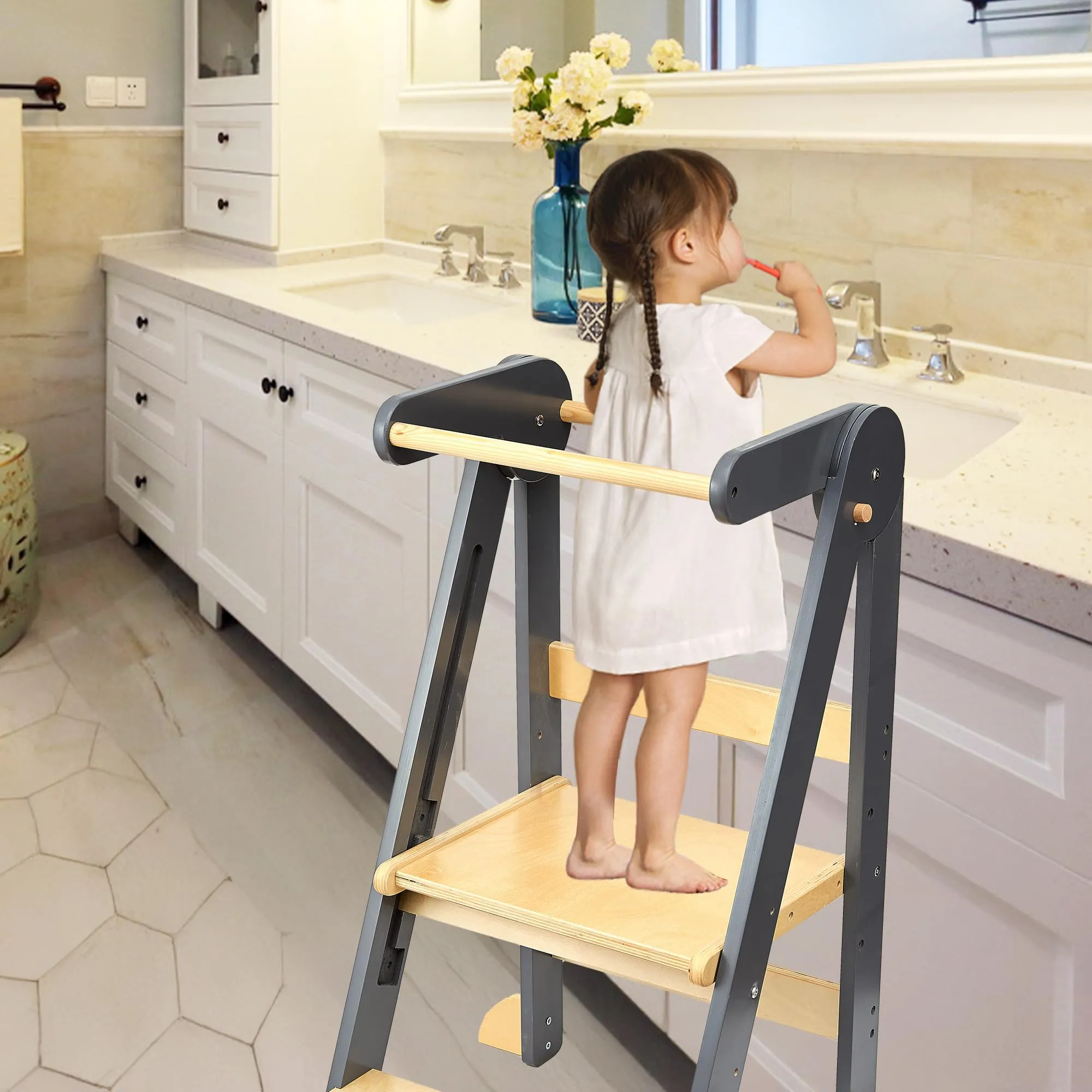 Foldable Toddler Tower Preassembled Kitchen Step Stool, Folding Tower for Learning with 3 Adjustable Heights Montessori Toddler Standing Tower Collapsible Step Stool for Kids 1-6y GY NAT