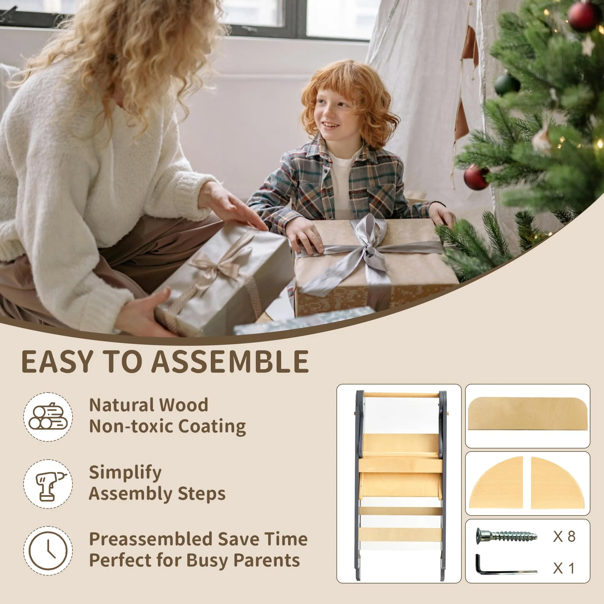 Foldable Toddler Tower Preassembled Kitchen Step Stool, Folding Tower for Learning with 3 Adjustable Heights Montessori Toddler Standing Tower Collapsible Step Stool for Kids 1-6y GY NAT