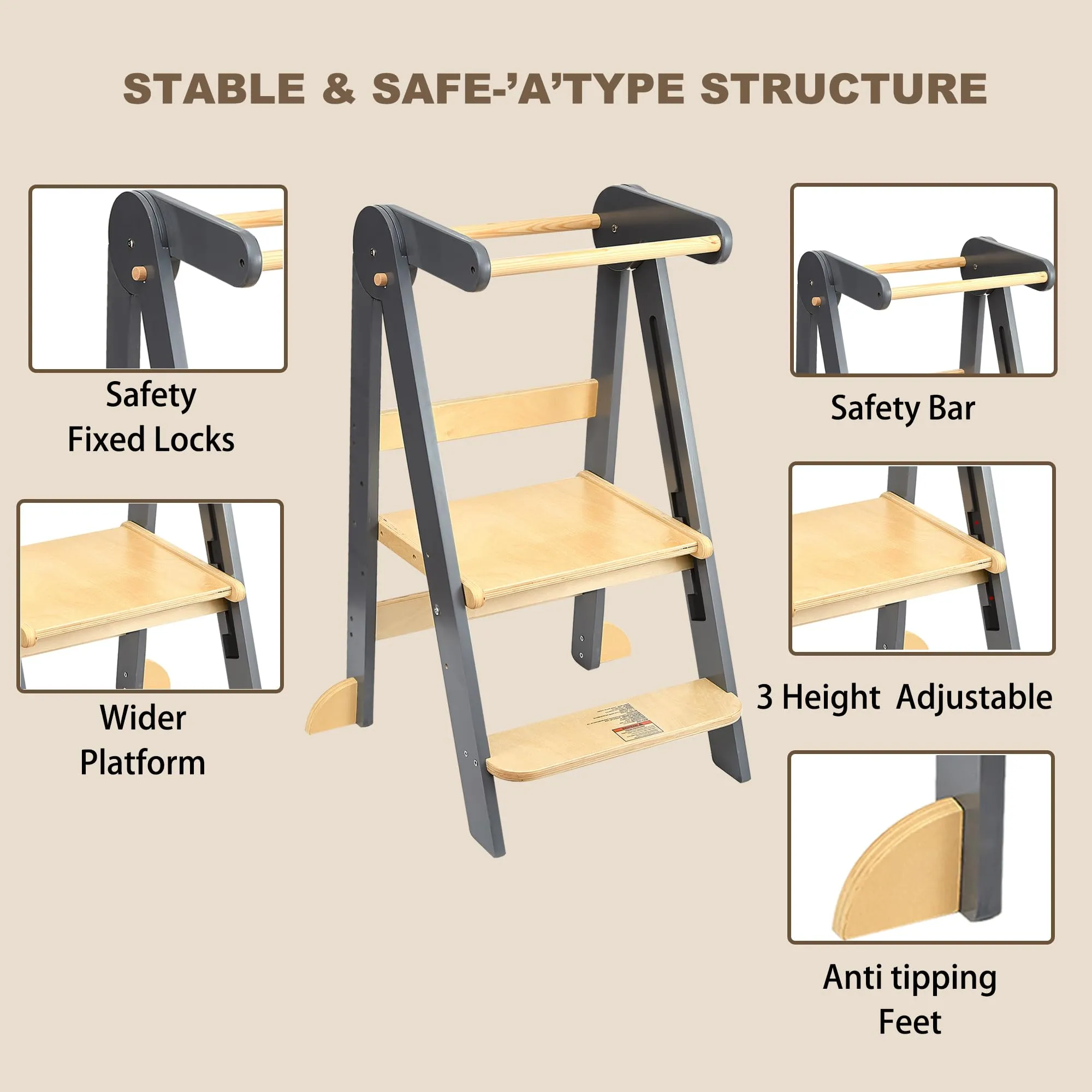 Foldable Toddler Tower Preassembled Kitchen Step Stool, Folding Tower for Learning with 3 Adjustable Heights Montessori Toddler Standing Tower Collapsible Step Stool for Kids 1-6y GY NAT