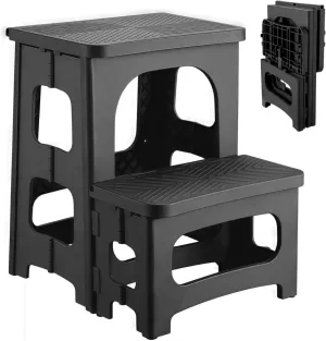 Folding 2-Step Stool, Non-Slip Collapsible Step stools for Kids & Adults, Multipurpose Bedside Ladder Footstool, Holds 330 lbs, Portable Step Stools for Kitchen Home Toilet Bedroom Office RV, Black