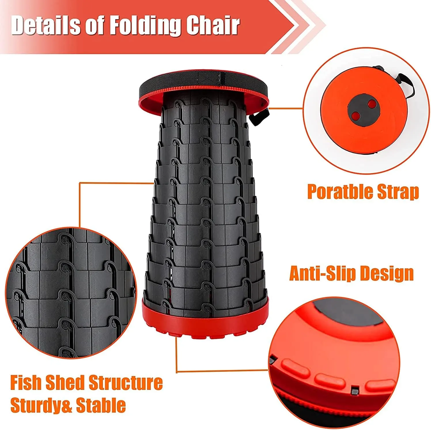 Folding Adjustable Camping Stool, Portable Telescoping Folding Stool with Backpack Pad, Upgraded Collapsible and Retractable Chair with Max Load Capacity 400lbs (Red)