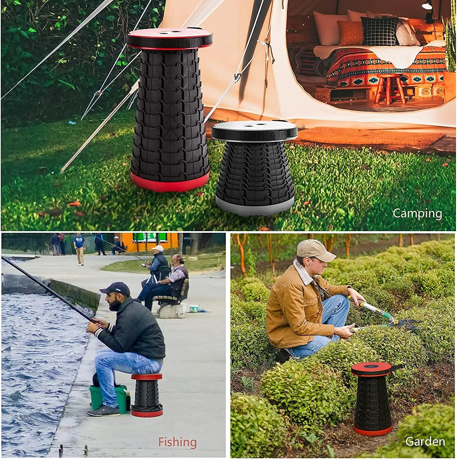 Folding Adjustable Camping Stool, Portable Telescoping Folding Stool with Backpack Pad, Upgraded Collapsible and Retractable Chair with Max Load Capacity 400lbs (Red)