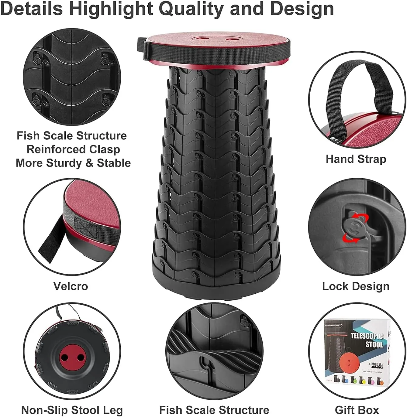 Folding Adjustable Camping Stool, Portable Telescoping Folding Stool with Backpack Pad, Upgraded Collapsible and Retractable Chair with Max Load Capacity 400lbs (Red)