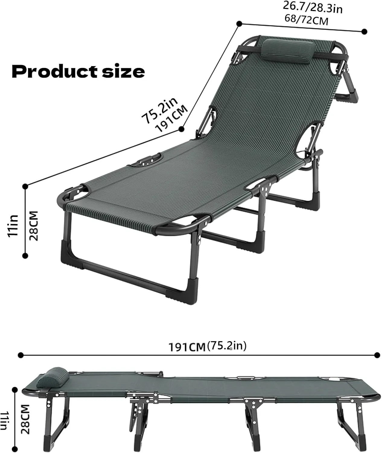 Folding Camping Cot 4-Angle Adjustable Portable Outdoor Sleeping Bed with Mattress Steel Frame Lounge Chair for Living Room Office Hospital(191x68x28cm)