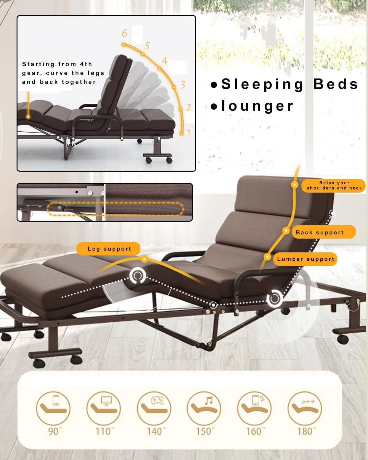 Folding Camping Cot for Adults, 6-Speed Adjustable Back，Heavy Duty Guest Bed with Adjustable Pillow, Travel Camp Cots for Adults Home Office Nap Vocation Outdoor