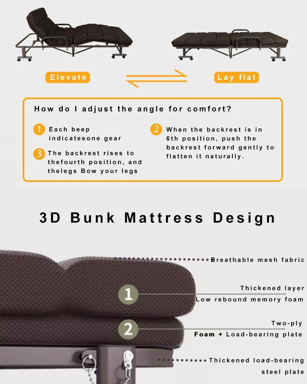 Folding Camping Cot for Adults, 6-Speed Adjustable Back，Heavy Duty Guest Bed with Adjustable Pillow, Travel Camp Cots for Adults Home Office Nap Vocation Outdoor