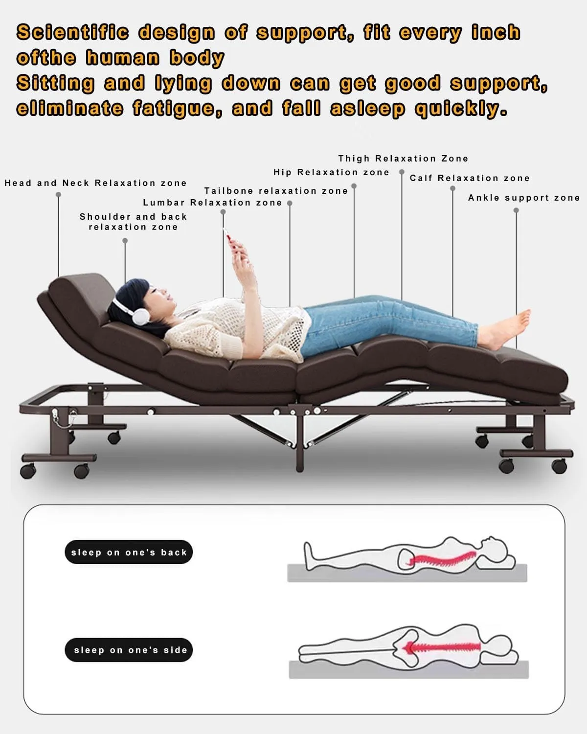 Folding Camping Cot for Adults, 6-Speed Adjustable Back，Heavy Duty Guest Bed with Adjustable Pillow, Travel Camp Cots for Adults Home Office Nap Vocation Outdoor