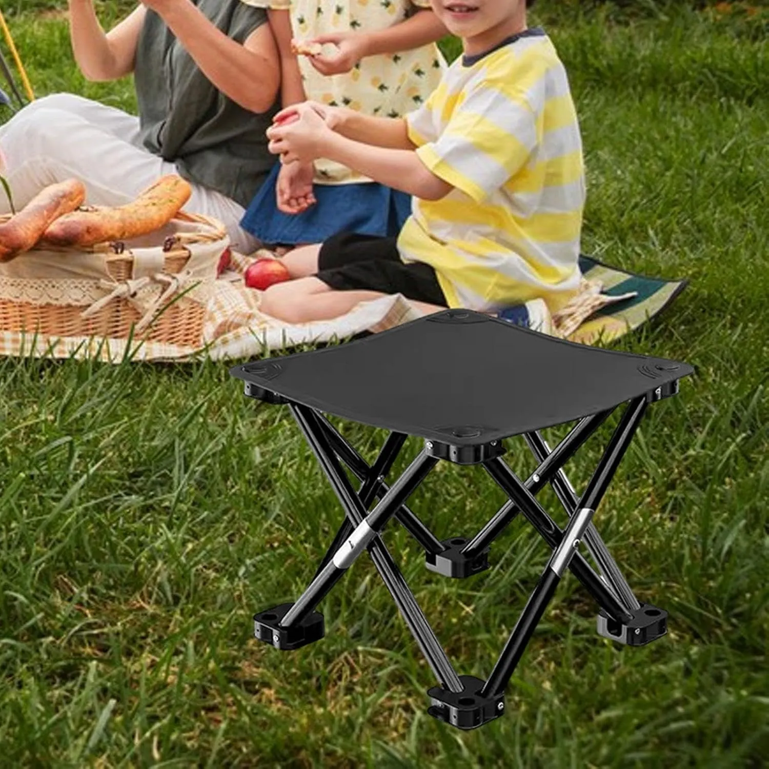 Folding Camping Stool Foot Rest Stool Compact Lightweight with Side Pocket Small Foldable Chair for BBQ Garden Traveling Lawn, Black, 33cmx33cmx32cm
