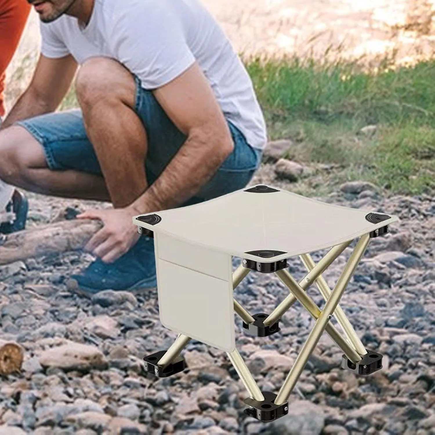 Folding Camping Stool Footrest Compact Sturdy Lightweight Portable Mini Foldable Chair for Beach BBQ Walking Picnic Gardening, White, 33cmx33cmx32cm