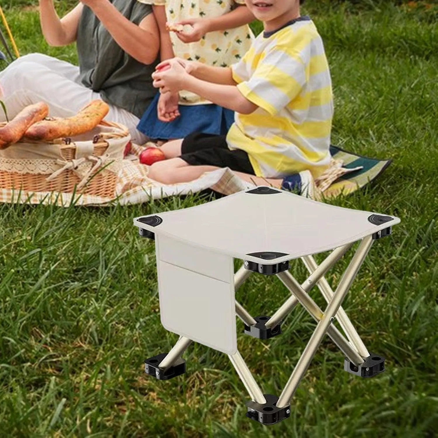 Folding Camping Stool Footrest Compact Sturdy Lightweight Portable Mini Foldable Chair for Beach BBQ Walking Picnic Gardening, White, 33cmx33cmx32cm