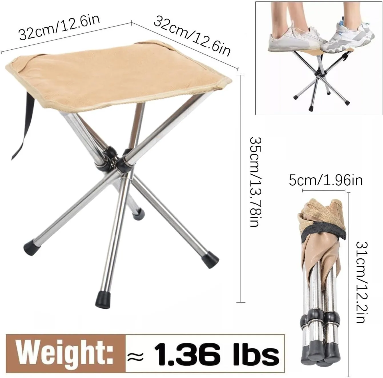 Folding Camping Stool, Portable Outdoor Chair, 27.5inch Stainless Steel Bracket, Compact Design, Lightweight Fishing Seat for Outdoor Gardening & Fishing Use