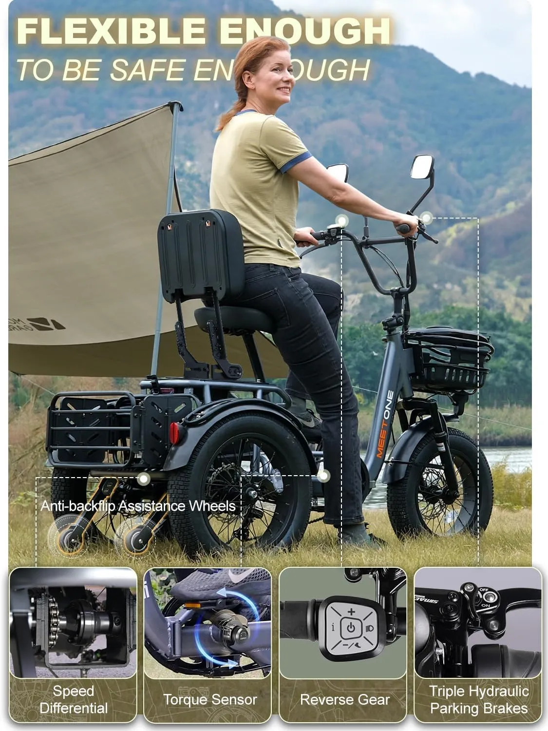 Folding Electric Tricycle for Adults, 1200W Electric Trike, 22MPH 100Miles 3 Wheel Electric Bike, Reverse Gear, Rear Differential, 450lbs Load, F&R Baskets, 4'' Wide Fat Tire, UL Certified